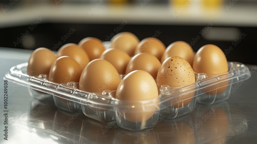 Eggs in a transparent plastic egg container with a focus on sustainable packaging Eggs in a transparent plastic egg container with a focus on sustainable packaging