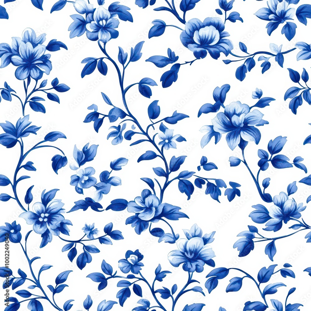 Fototapeta premium A vibrant blue floral pattern on a white background, featuring intricate blossoms and leaves, evoking elegance and classic design.