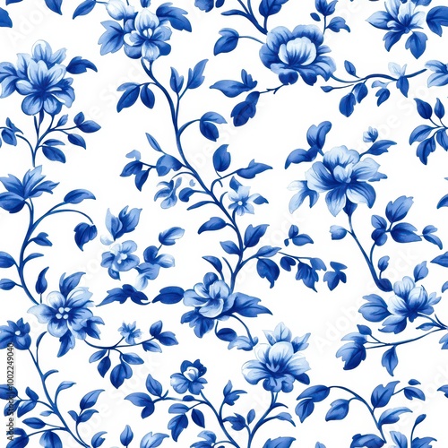 A vibrant blue floral pattern on a white background, featuring intricate blossoms and leaves, evoking elegance and classic design.