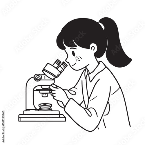 simple outline line art illustration ofstudent using a microscope