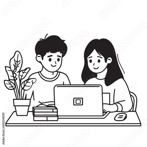outline line art vector illustration ofstudents focused on an online learning platform