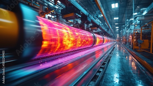 Industrial Production Line with Glowing Metal Cylinders