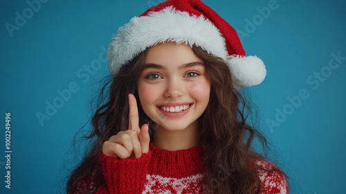 Young girl in a festive sweater and Santa hat celebrating the holiday season ...