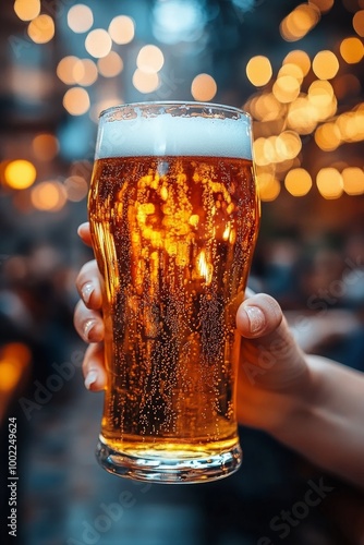 Golden beer in a clear glass sitting on a wooden table in a cozy pub during t...