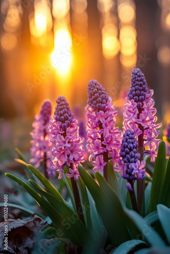 Colorful spring flowers blooming in a forest during sunset