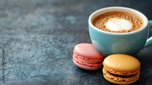 Cozy coffee with colorful macarons on a stylish table