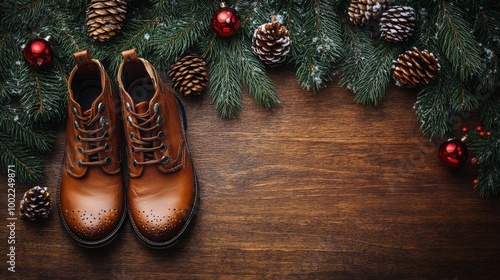 Warm brown winter boots on a snowy wooden surface surrounded by pine branches...
