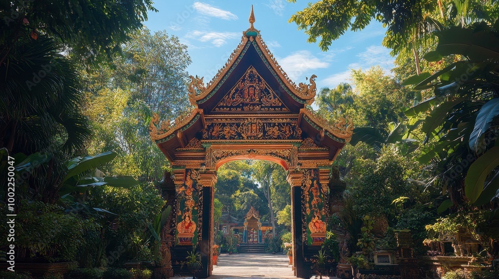The intricate design of Wat Pha Nam Yoi entrance gate, framed by lush greenery and clear skies. The intricate design of Wat Pha Nam Yoi entrance gate, framed by lush greenery and clear skies.