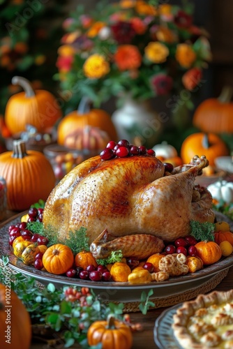 Thanksgiving feast with roasted turkey, seasonal fruits, and decorative autum...