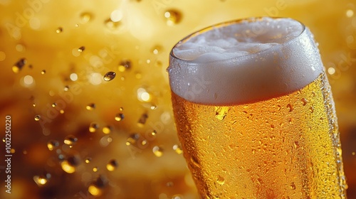 Refreshing glass of beer with frothy head against a golden background on a wa...