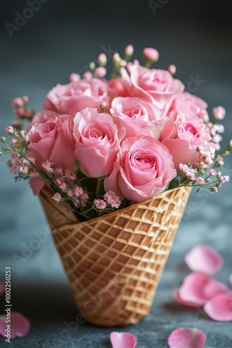 Pink roses arranged in a waffle cone with petals scattered on a table