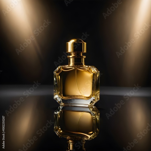 A golden perfume bottle illuminated by a single spotlight, with dramatic shadows and reflections on a glossy black surface