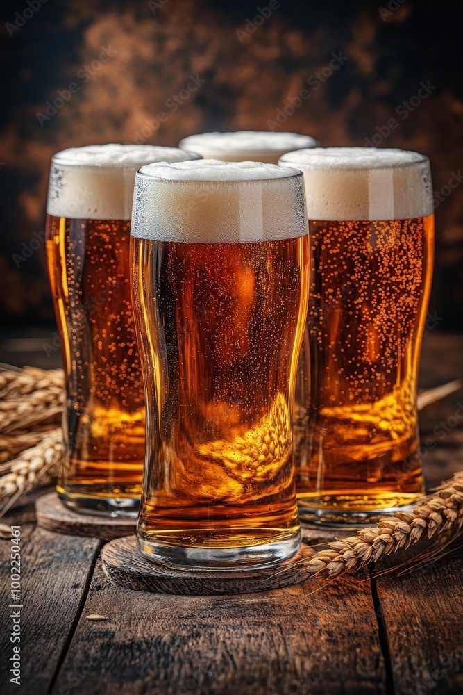 Refreshing craft beer served in tall glasses with barley on a rustic wooden table Refreshing craft beer served in tall glasses with barley on a rustic wooden table