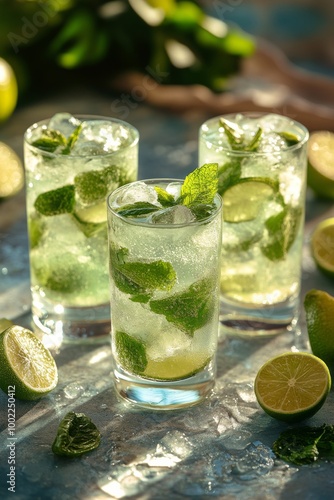Refreshing mojito cocktails with mint and lime on a wooden bar