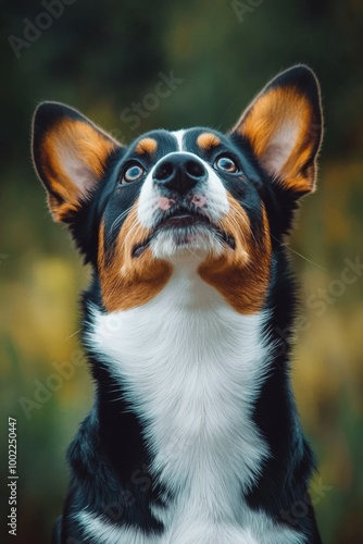 Corgi with a focused gaze in a lush green outdoor setting at sunset