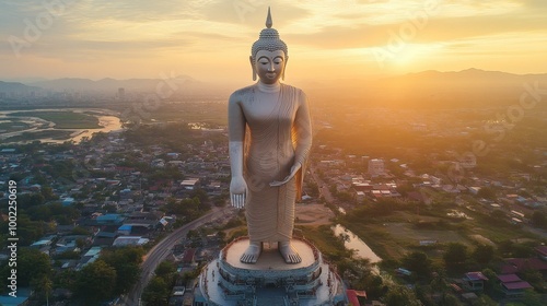 The large standing Buddha statue at Wat Burapha Phiram, towering over the city of Roi Et with a peaceful expression. photo