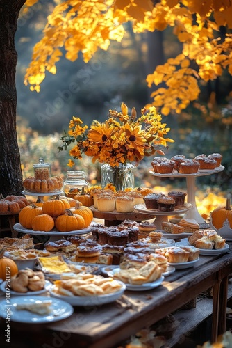 Autumn celebration with a vibrant display of treats and flowers in a scenic o...