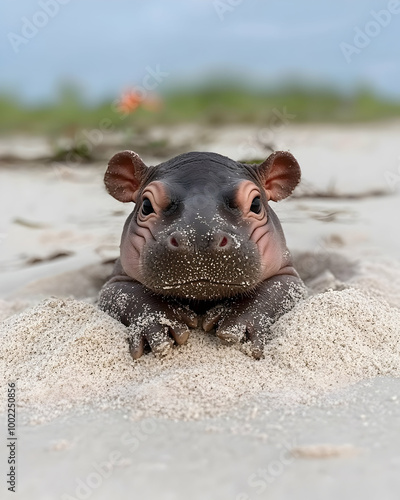 Adorable Baby Hippo Lying on Sand with Curious Expression