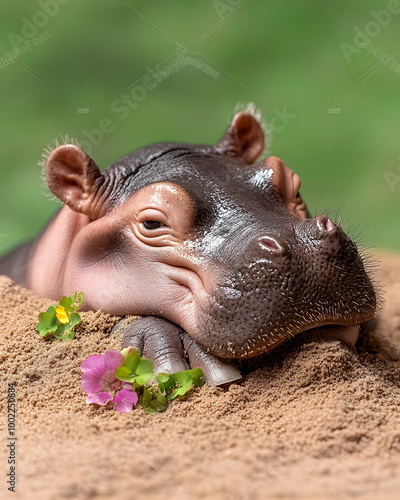 Relaxed Baby Hippo Resting on Sand with Flowers