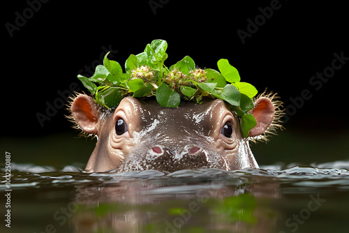 Adorable Baby Hippo Wearing a Leaf Crown in Water