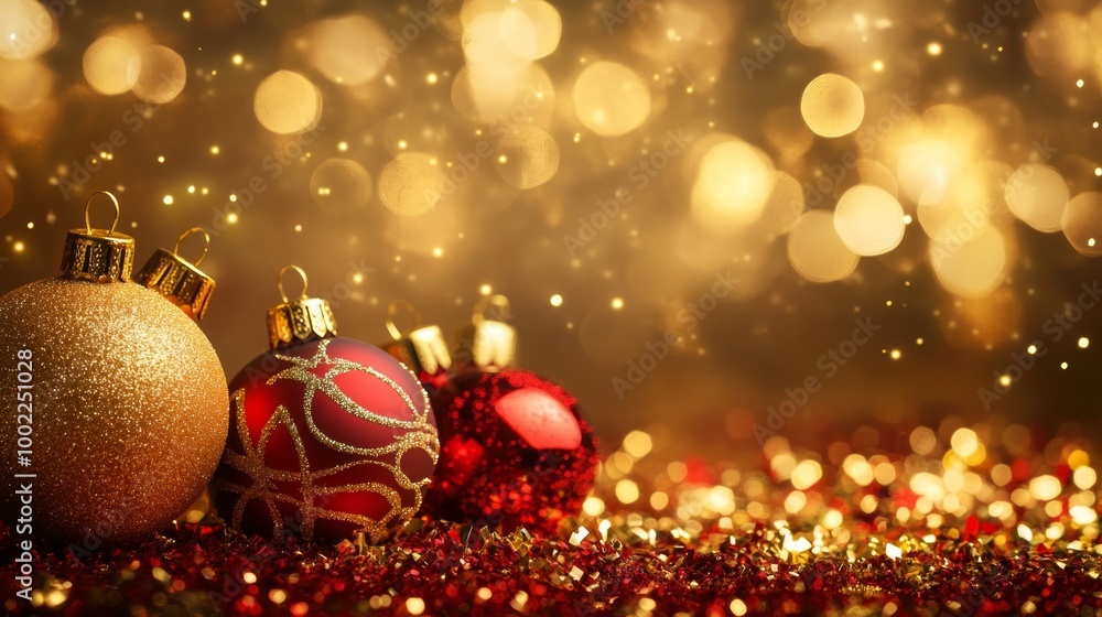 Festive Christmas background with gold and red decorations Festive Christmas background with gold and red decorations