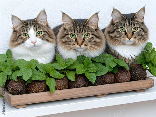 Three Fluffy Cats Sitting Behind Fresh Mint Plants