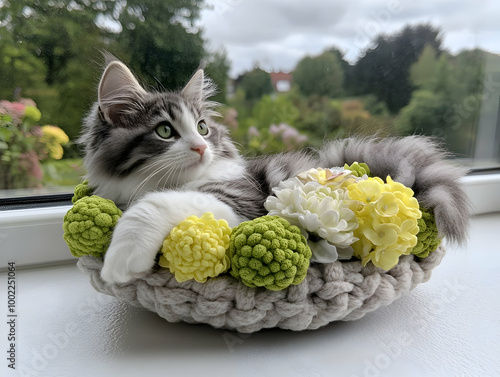 Fluffy Cat Relaxing in a Crochet Basket with Flowers by the Window
