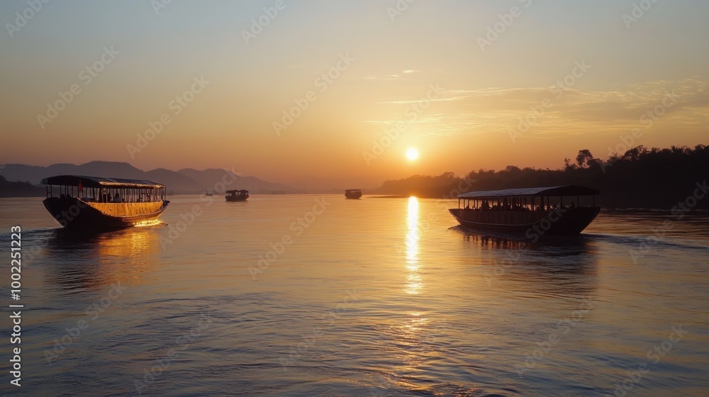The natural beauty of the Mekong River at dawn, with the sun rising over the water and boats drifting along. The natural beauty of the Mekong River at dawn, with the sun rising over the water and boats drifting along.