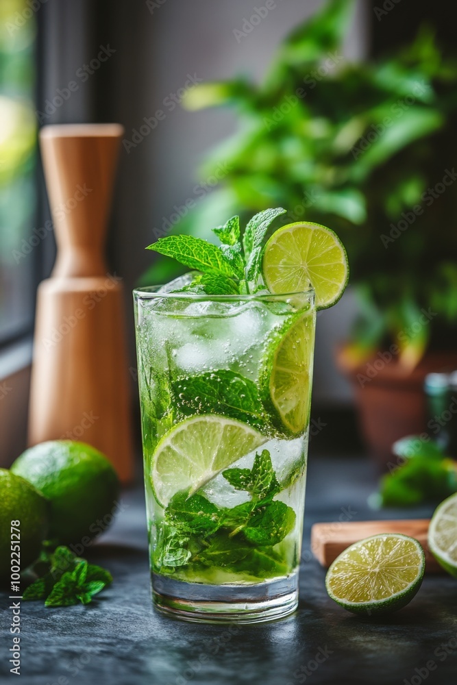 Fototapeta premium Refreshing mojito with mint and lime on a wooden coaster in a leafy setting