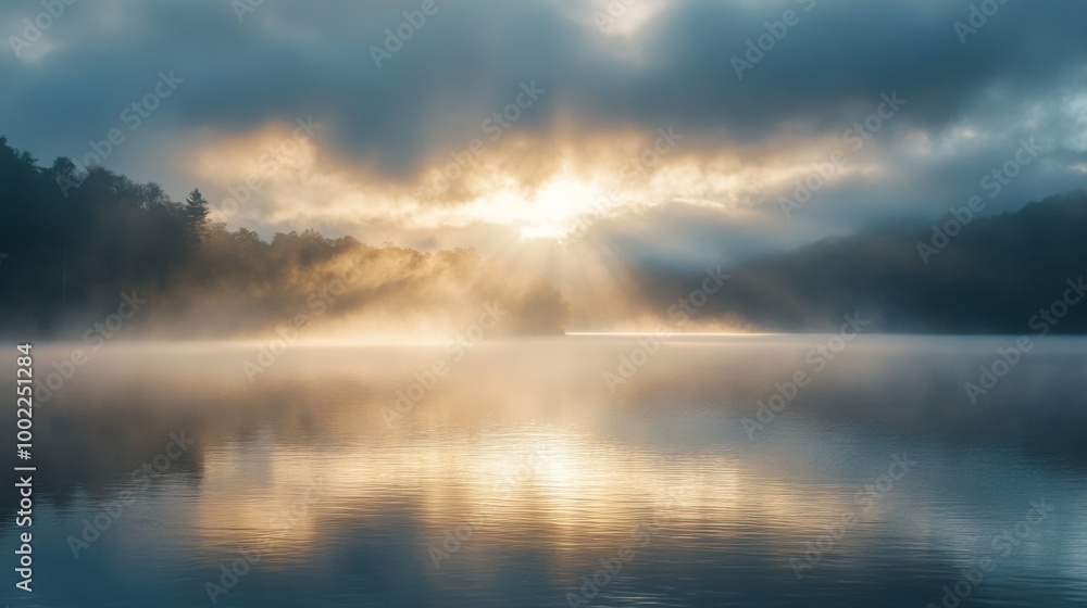 Fototapeta premium Sunbeams Pierce Through Clouds and Fog Over a Tranquil Lake