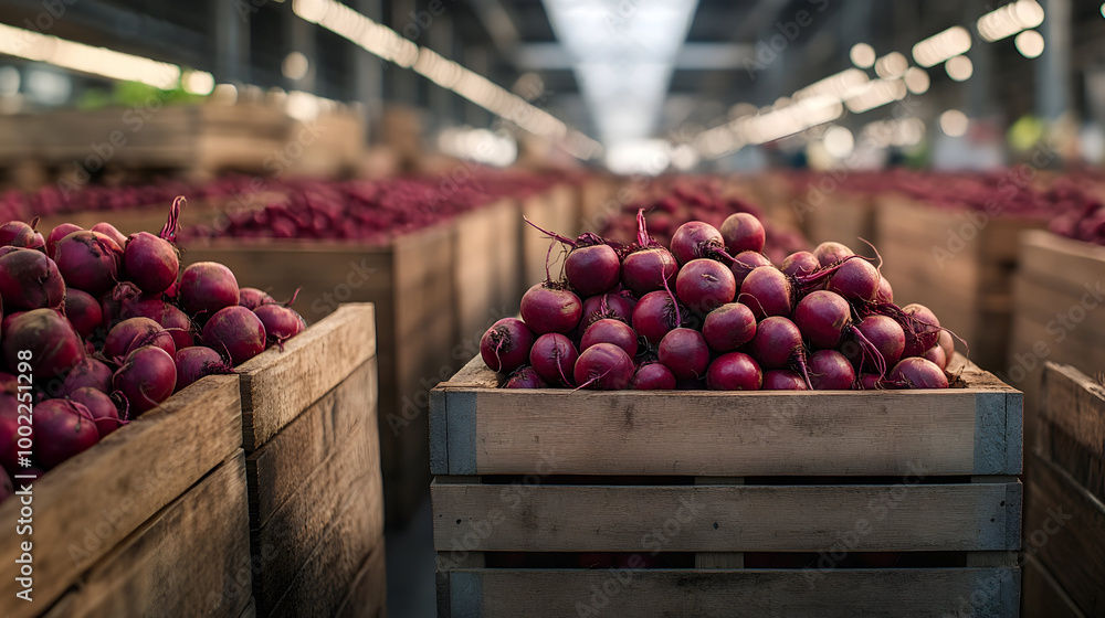Beetroot harvested in wooden boxes in a warehouse. Natural organic fruit abundance. Healthy and natural food storing and shipping concept. Beetroot harvested in wooden boxes in a warehouse. Natural organic fruit abundance. Healthy and natural food storing and shipping concept.