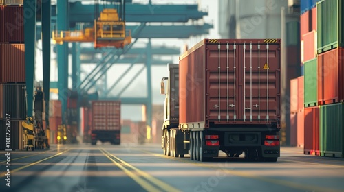 a shipping container being loaded onto a cargo truck at a busy port.