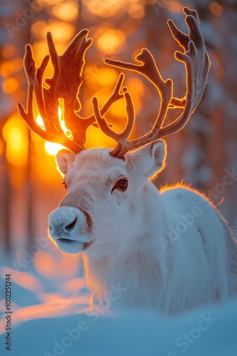 Reindeer stands in snowy forest at sunset with warm light filtering through t...