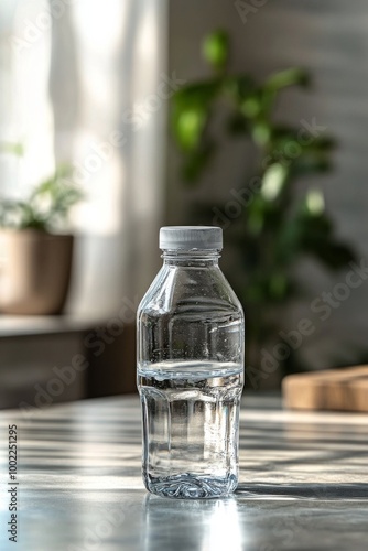 Water bottle and glass on a wooden table with plants in a bright kitchen setting