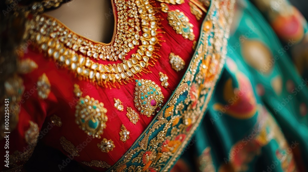 Fototapeta premium A luxurious silk bridal lehenga in vibrant hues, with stunning gold embroidery and traditional bridal jewelry.