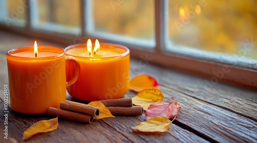 Cozy autumn setup with a candle and pumpkin on a wooden table by the window