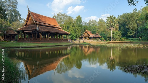 The peaceful atmosphere of Wat Thung Si Muang, with its traditional wooden temple and reflecting pond. photo