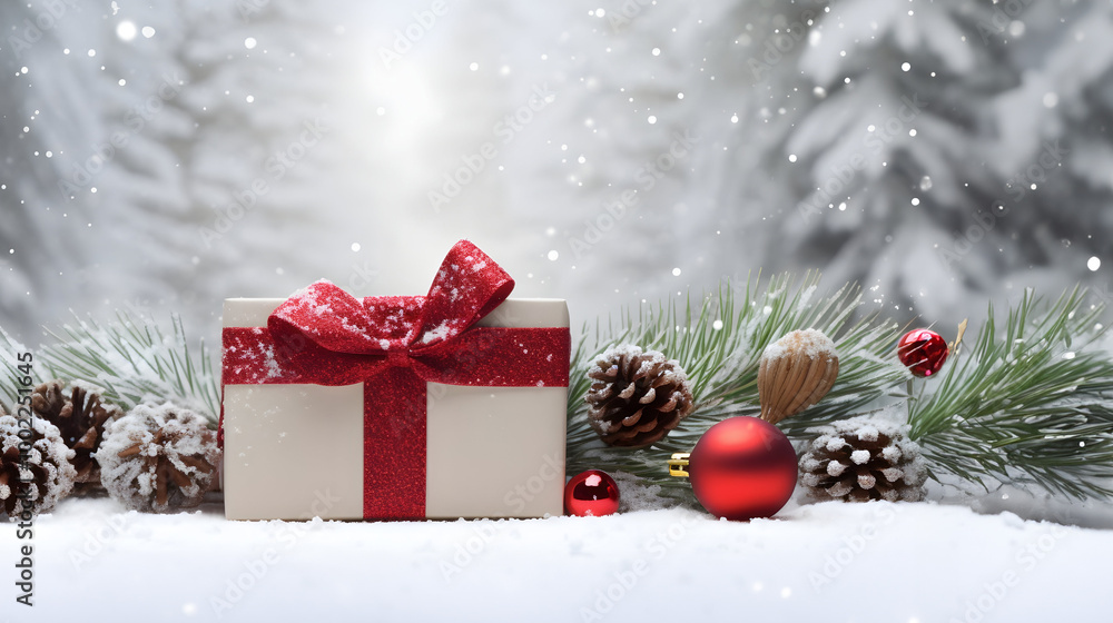 Christmas gift with red ribbons, pine cones and baubles on snow covered surface, snowfall and abstract background with sparkling lights and snowflakes. Christmas gift with red ribbons, pine cones and baubles on snow covered surface, snowfall and abstract background with sparkling lights and snowflakes.
