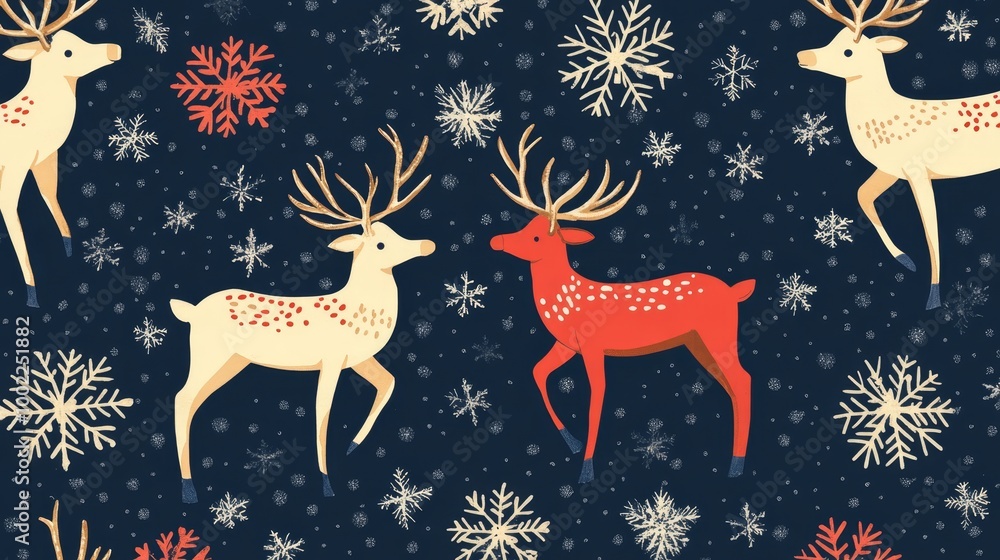 Festive Christmas pattern with reindeer and snowflakes Festive Christmas pattern with reindeer and snowflakes