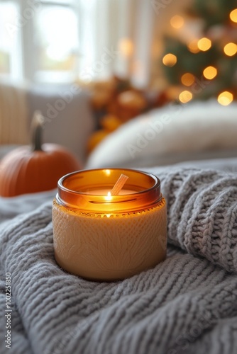 Cozy autumn setting with a glowing candle, pumpkin, and fall foliage on a bed