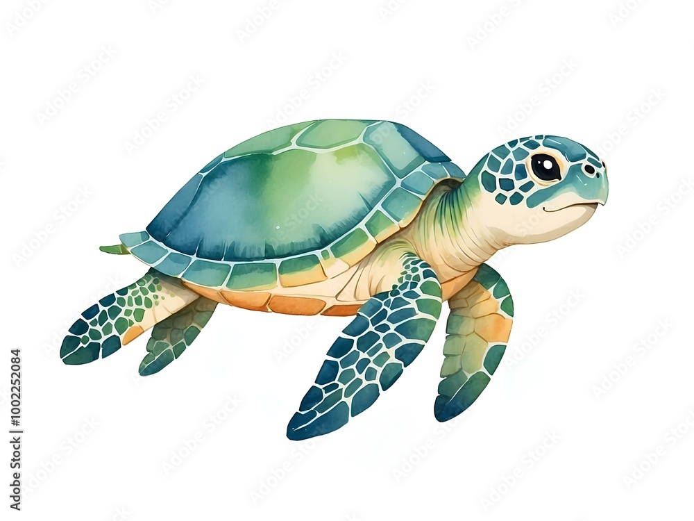 Fototapeta premium Watercolor sea turtle clipart, Baby turtle, kawai cute turtle illustration, Nursery wall art, underwater theme, Ocean, sea animals, birthday undersea theme, white background