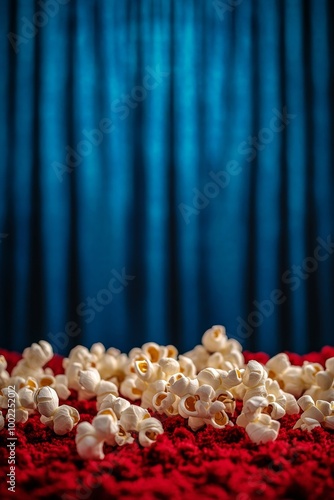 Popcorn scattered on red velvet against a blue curtain in a cozy cinema setting