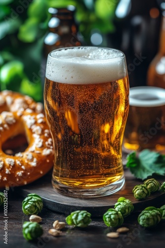 Enjoying a frosty beer with a pretzel and hops on a rustic wooden table