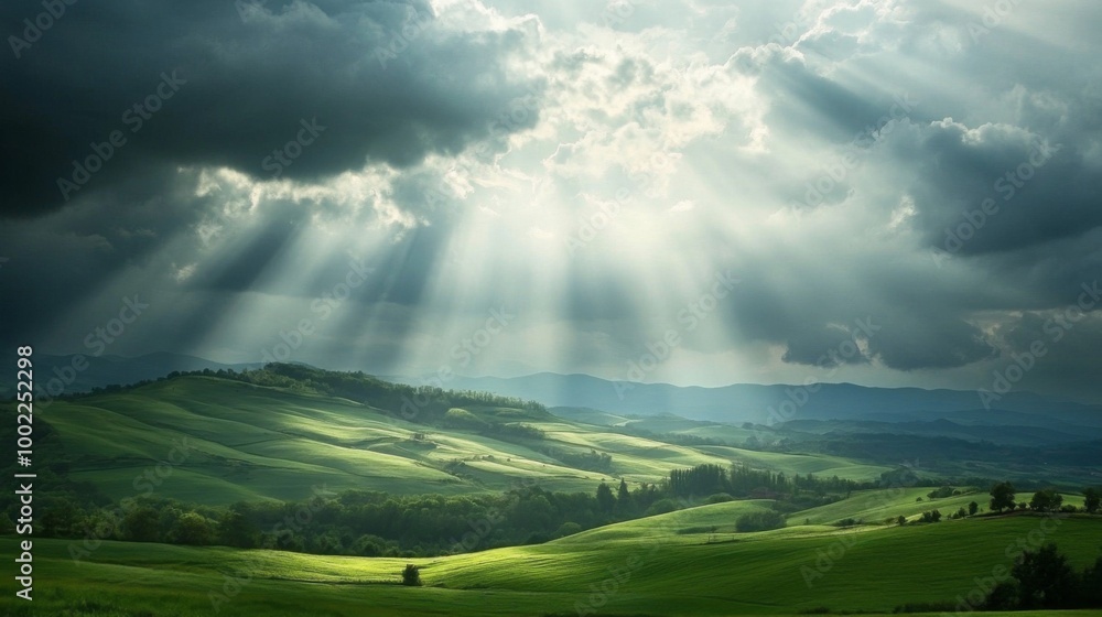 Obraz premium Rolling Green Hills Bathed in Sunlight Through Clouds
