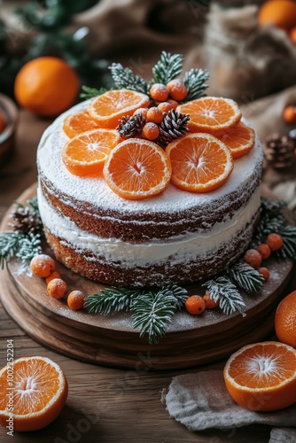Festive orange cake decorated with citrus slices and pine cones on a wooden t...