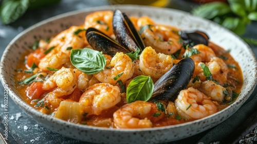 Delicious seafood pasta with shrimp and mussels served in a restaurant photo