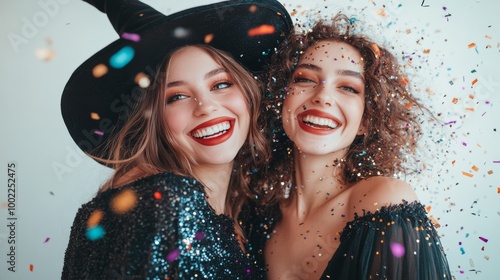Two friends celebrating with confetti in Halloween costumes at a festive gath...