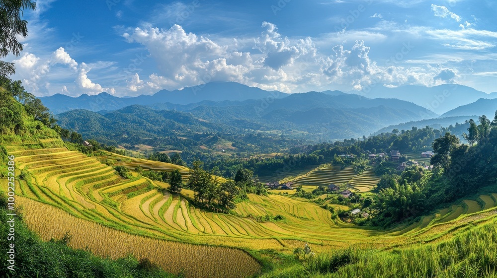 Obraz premium The scenic hike through the mountains surrounding Chiang Mai, with views of terraced rice paddies and small villages.