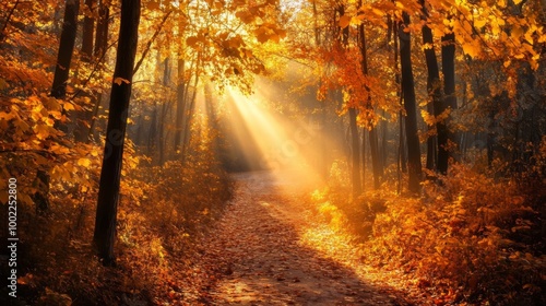 Sunbeams Illuminating a Path Through an Autumnal Forest