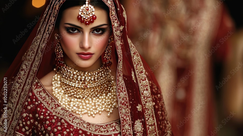 A richly designed Indian bridal dress in deep red with golden accents, paired with elaborate jewelry in rubies and pearls. A richly designed Indian bridal dress in deep red with golden accents, paired with elaborate jewelry in rubies and pearls.